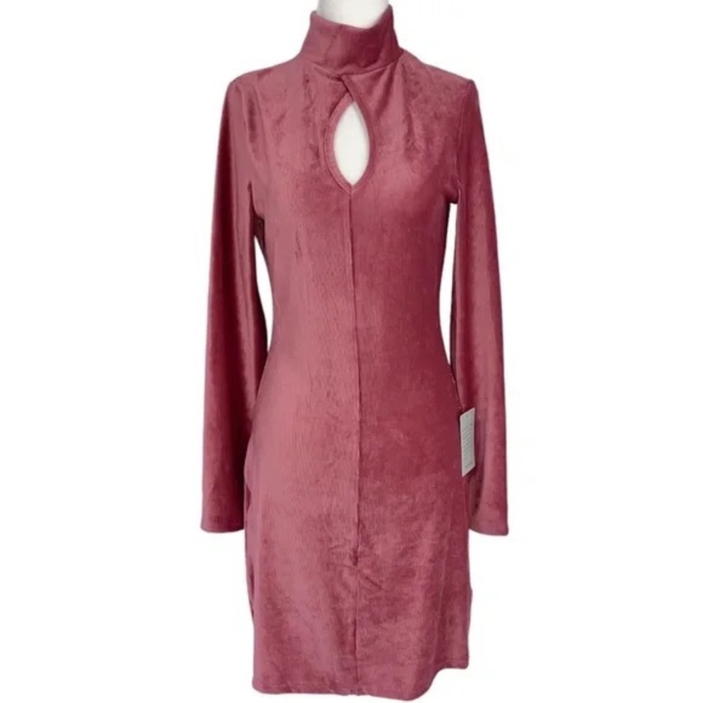Dual Nature Keyhole Rib Velour Mock Neck LongSleeve Mini Mauve Dress, XS, NWT